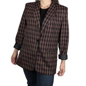 Vintage Liz Baker Essentials Plaid Single-Breasted Blazer Black Red White MP